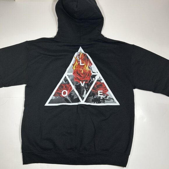 Gildan Men Heavy Blend Black TRIANGLE ROSE FLAME PRINT HOODIE Fleece Pocket Sz M - Picture 4 of 5